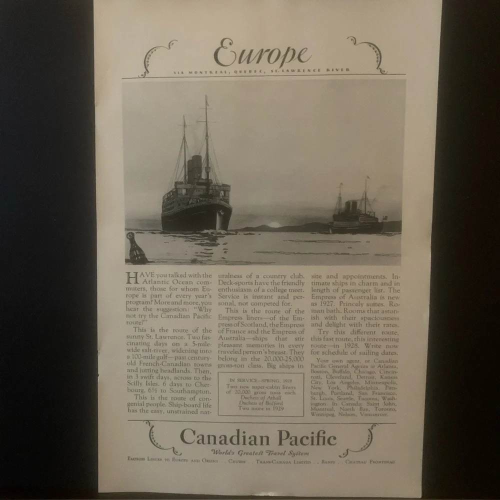 Vintage 1928 Canadian Pacific Europe Cruise Ad Advertisement
